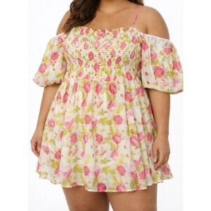 Betsey Johnson Floral Smocked Off Shoulder Dress Ivory Pink XXL NWT